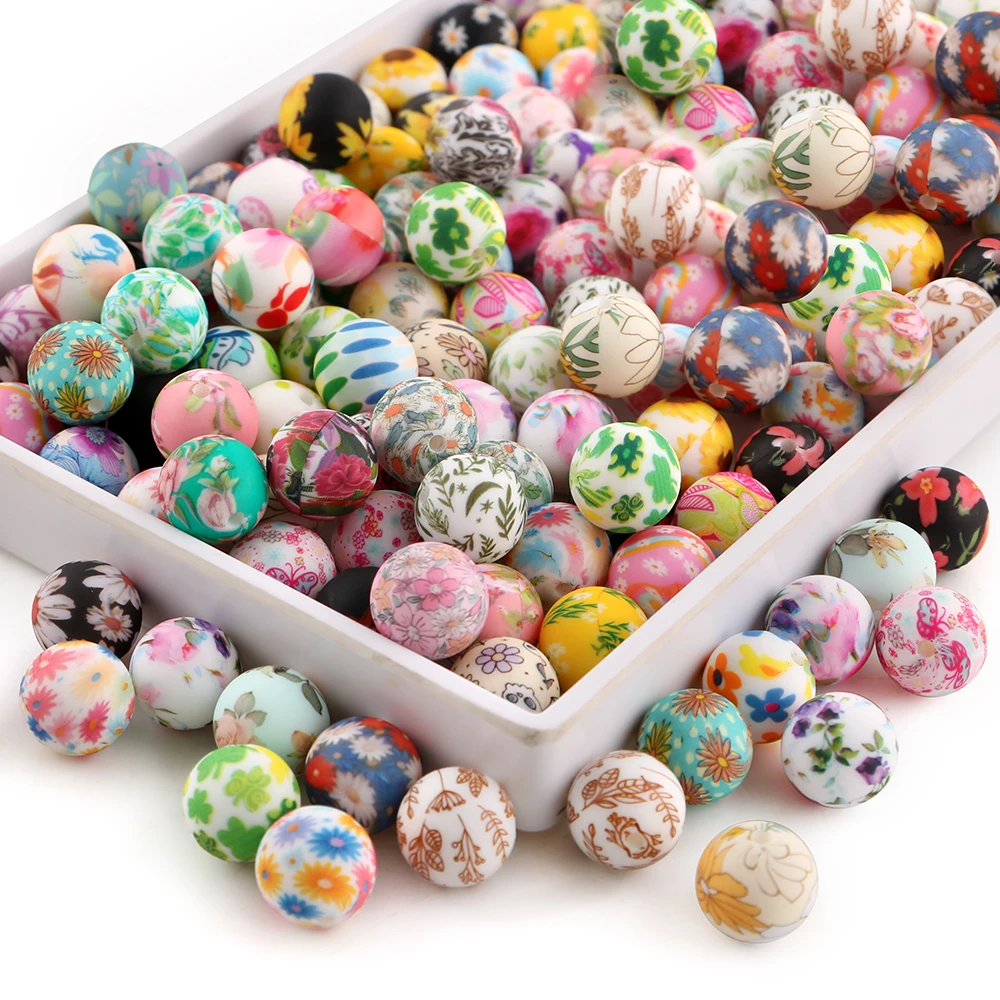 15 Uds. De cuentas redondas de silicona con estampado de flores de 15mm para fabricación de joyería, collar, pulsera, pendientes, Etc., accesorios - imagen 3