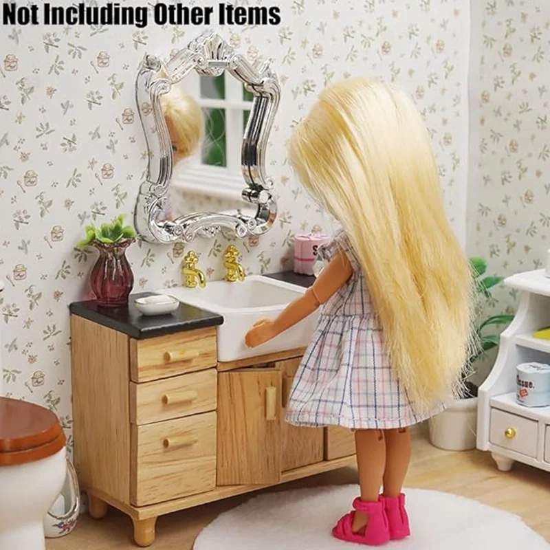 Nuevo Mini mueble para lavabo de baño para casa de muñecas, modelo seguro con borde liso, fregadero de cocina en miniatura de madera, juguetes de tocador, escala 1:12 - imagen 4