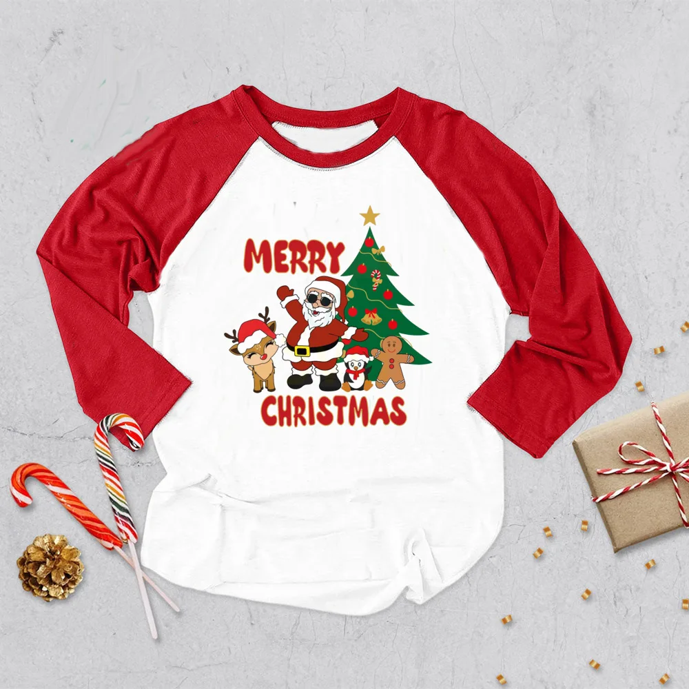 Feliz Navidad Santa ciervo impreso niños camisa niños niñas raglán manga larga Tops día de Navidad niño traje niño ropa de Navidad para niños pequeños - imagen 3