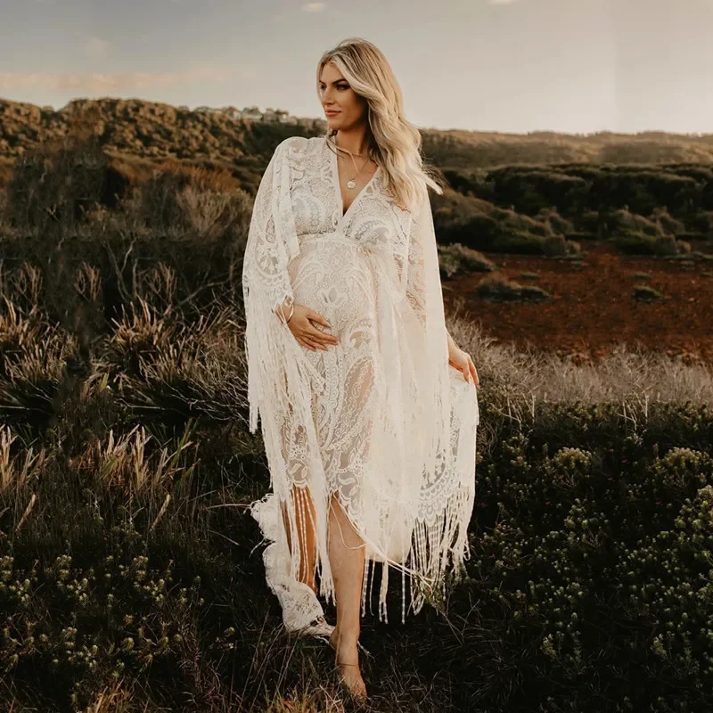 Accesorios de fotografía de maternidad de encaje bohemio, vestidos de tamaño libre, sesión de fotos de embarazo ajustable, vestido largo bohemio con abertura lateral