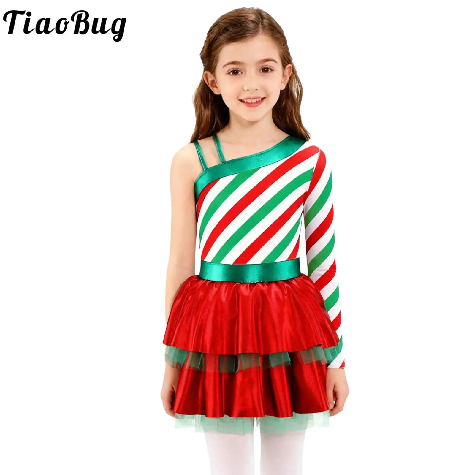 Maillot de danza infantil un hombro con volantes a rayas navideñas - imagen 2