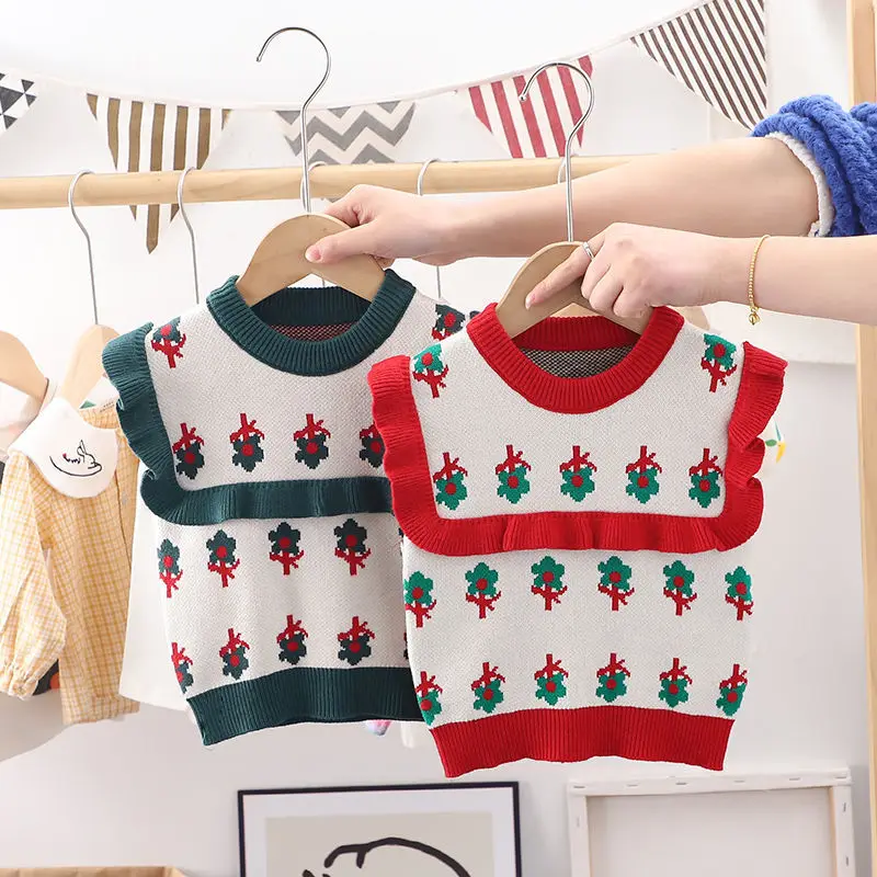 Chaleco tejido con cuello redondo para niñas, jersey de flores tridimensionales para primavera y otoño, chaleco para niños, chaleco bonito y dulce para bebé - imagen 3