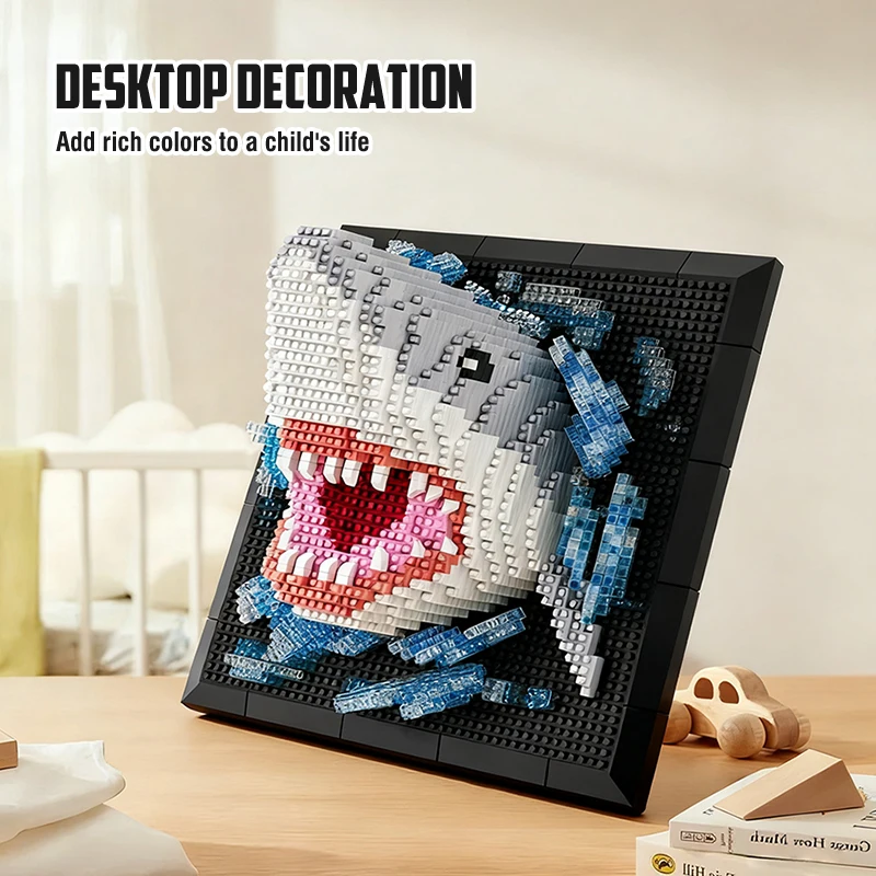 Juego de construcción de tiburones 3D, diseño de cabeza de Animal, decoración artística para colgar en la pared, juego de ladrillos para montar, rompecabezas educativo, juguete para regalo para niños - imagen 4