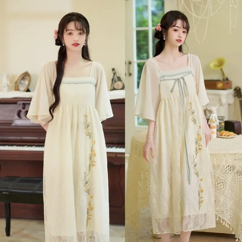 1681 Vestido largo de maternidad de gasa bordada de verano, ropa holgada y recta de estilo Han para mujeres embarazadas, embarazo Vintage - imagen 3