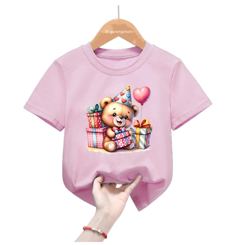 Camiseta con estampado de globo de amor de oso, regalo de cumpleaños para niñas, ropa Kawaii para niños, camiseta Rosa divertida, camiseta de manga corta de verano