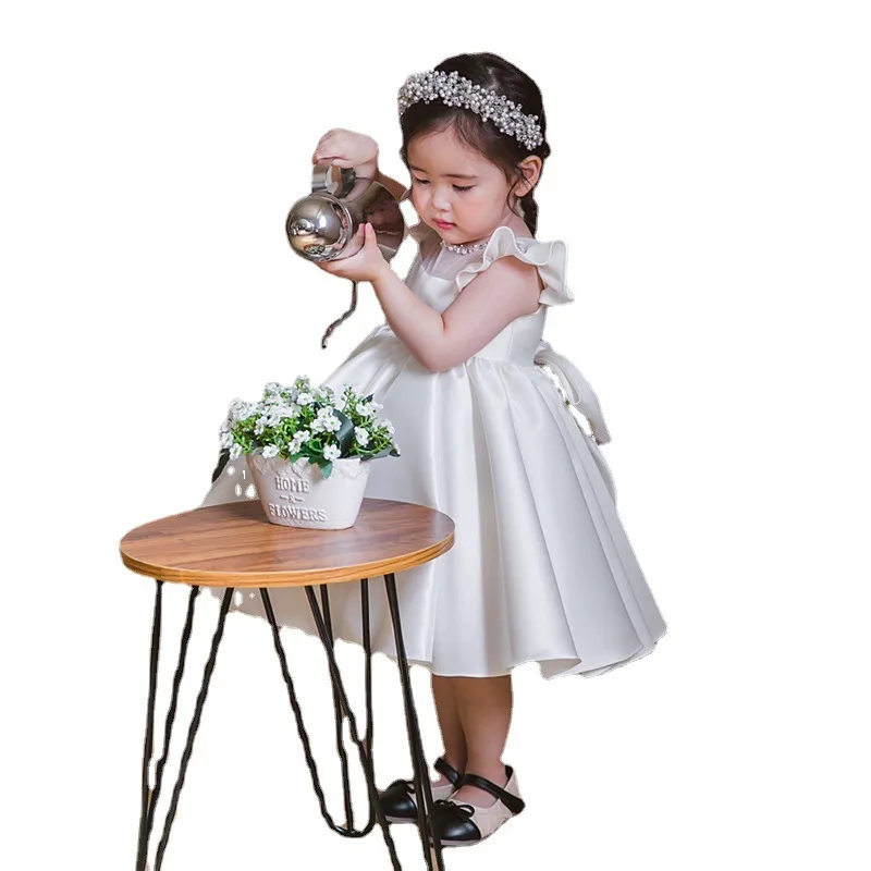 Vestido de flores para niñas, vestido de satén blanco con mangas voladoras para niños, vestido Formal de princesa para niñas con flores, primera comunión para niñas - imagen 5