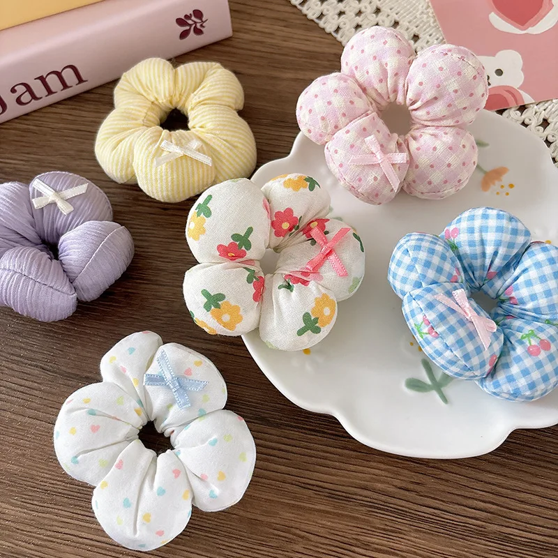 Primavera Verano dulce tela versátil algodón tridimensional flor intestino anillo Floral arco niña bola pelo anillo - imagen 3