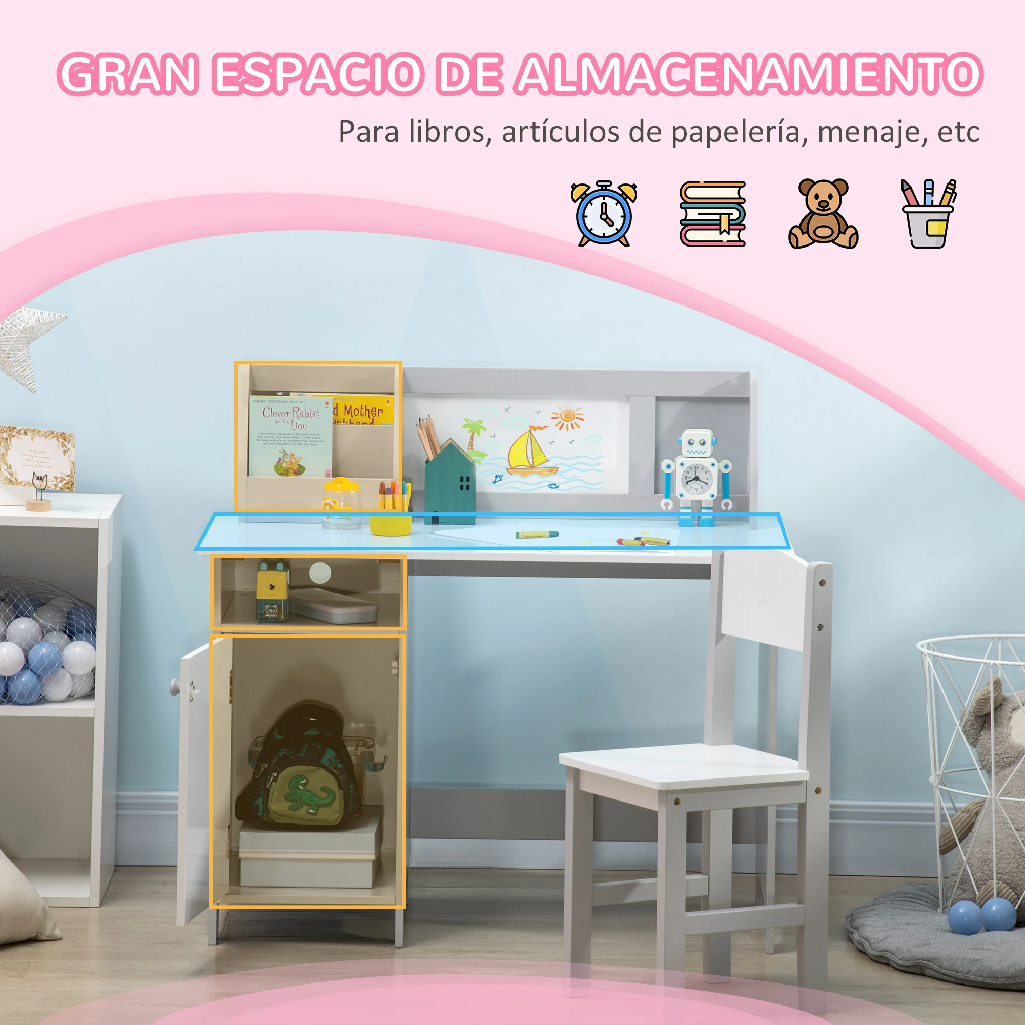 HOMCOM Juego de Mesa y Silla Infantil de Madera con Pizarra Blanca Mesa de Estudio para Niños de +5 Años Mueble Escritorio Infantil 90x45x85 cm Gris - imagen 4
