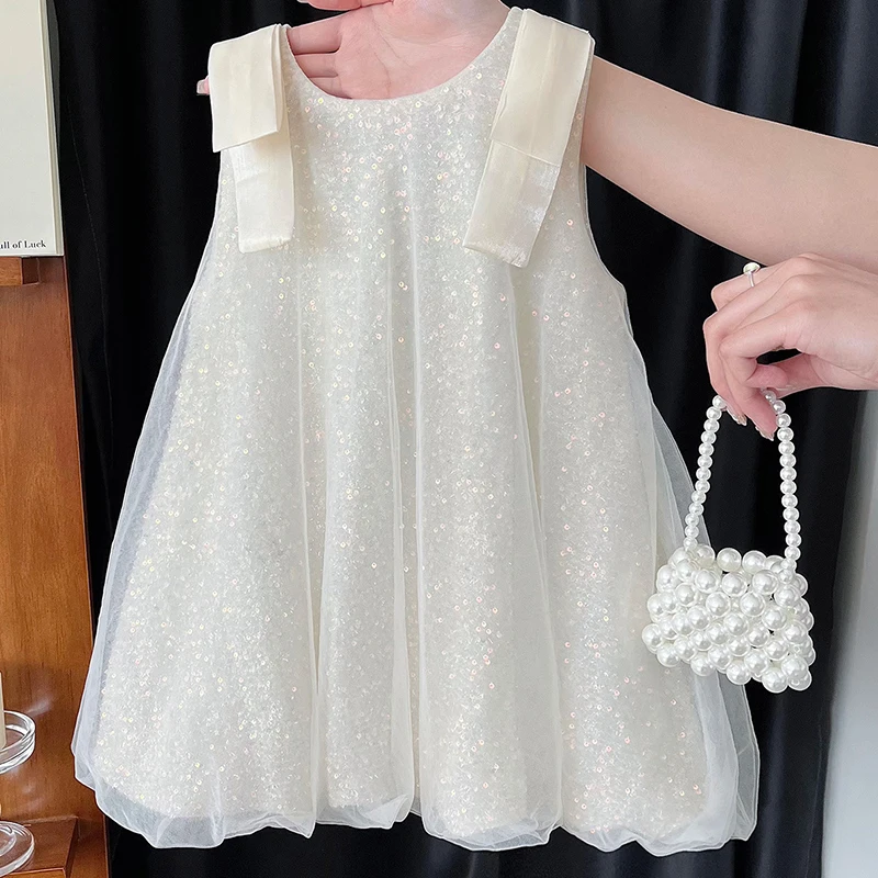 Vestidos de lujo para bebés de verano, ropa para niños, moda coreana para niñas, vestido de cumpleaños sin mangas con lazo de malla, ropa de Boutique para niños B1200