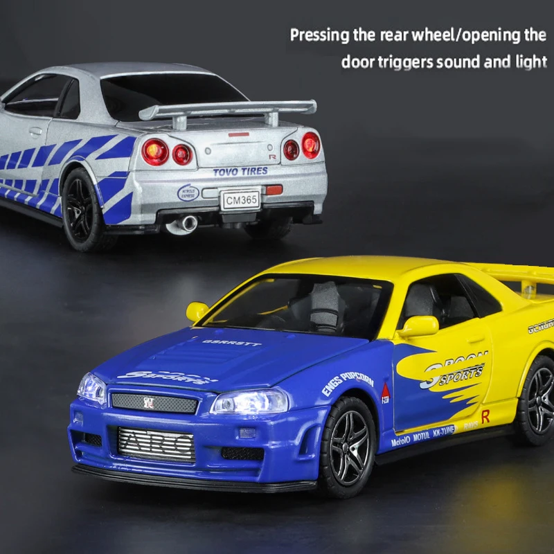1:32 GTR R34 SKYLINE coche de simulación de aleación rápida modelo fundido a presión y vehículos de juguete y coches furiosos decoración juguetes para niños niño - imagen 4