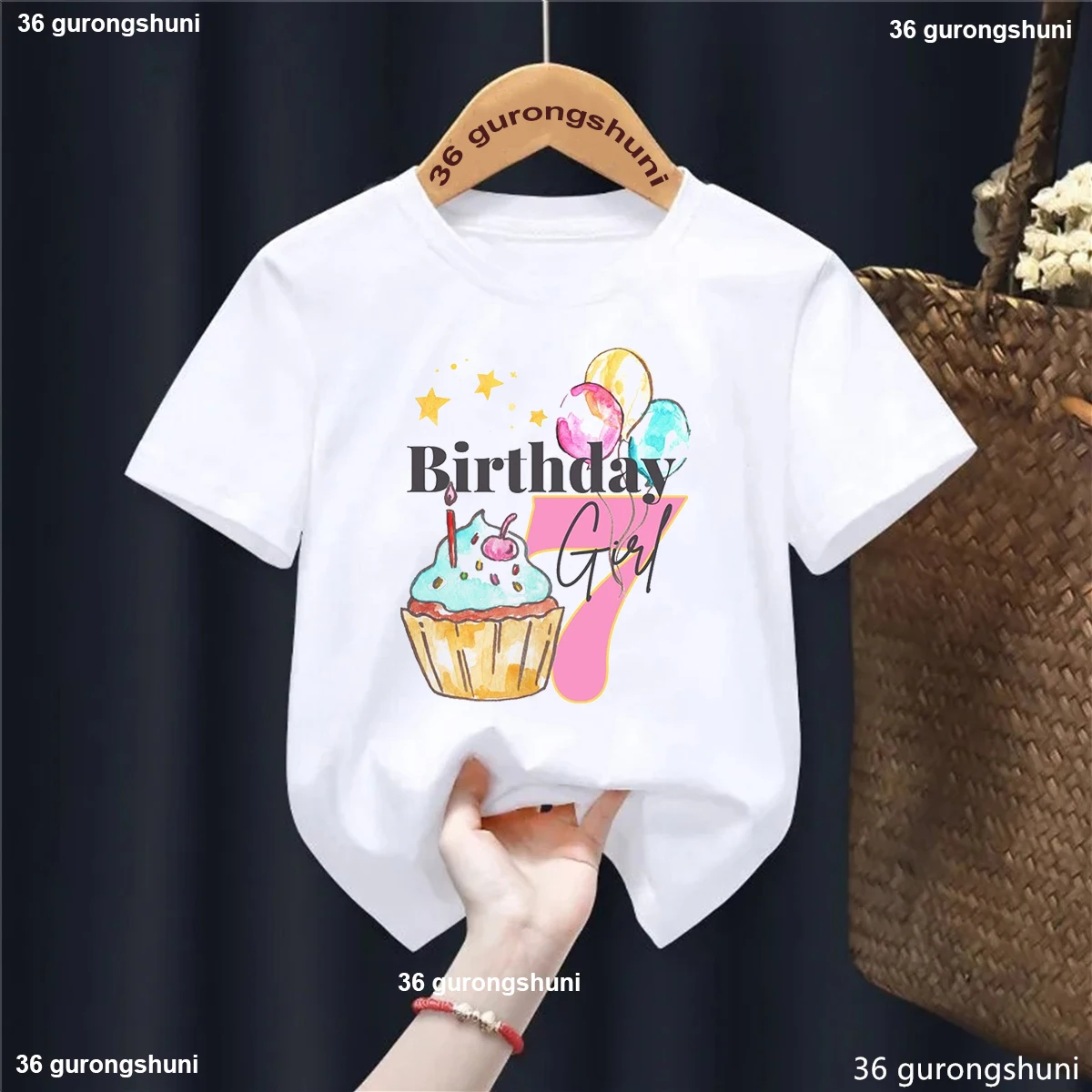 Camiseta blanca con estampado de regalo de cumpleaños para niñas, camiseta con estampado de pastel, globo, estrella, Kawaii, ropa para niños, camiseta de fiesta de cumpleaños - imagen 4