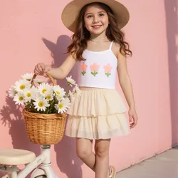 Conjunto de verano para niña: chaleco blanco con flores y falda