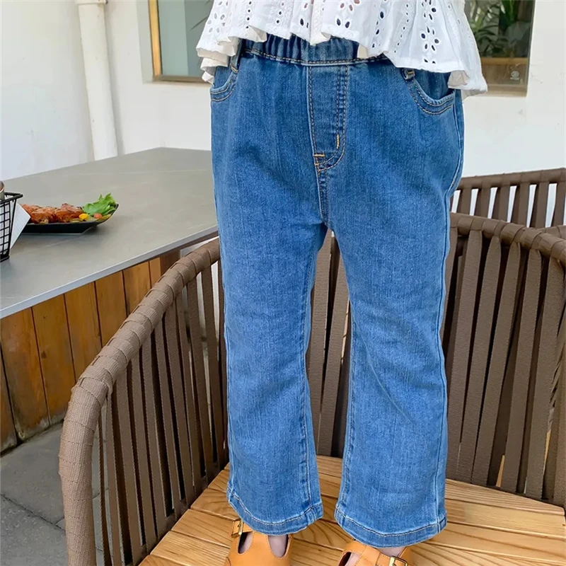 1 pieza de pantalones vaqueros de estilo informal para niñas, pantalones acampanados de mezclilla elásticos de cintura alta, pantalones para niños de primavera y otoño, pantalones vaqueros para niñas - imagen 2
