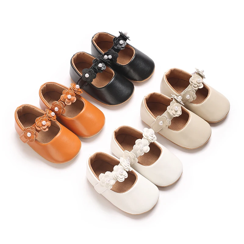 Zapatos de princesa para niñas, zapatos de primeros pasos con parte inferior antideslizante y flores de cuero PU suave, zapatos para niños pequeños