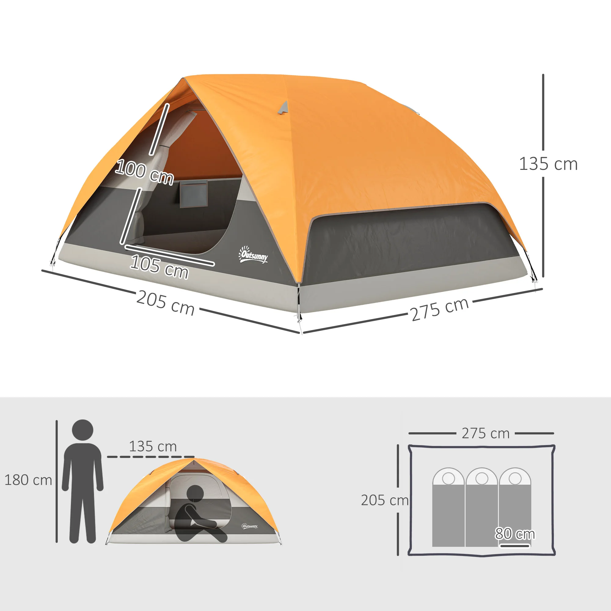 Outsunny Tienda de Campaña para 2-4 Personas Tienda de Camping Plegable con Puerta Ventana de Malla Bolsillos Gancho y Bolsa de Transporte Impermeable Fácil Instalación para Senderismo Naranja y Gris - imagen 3