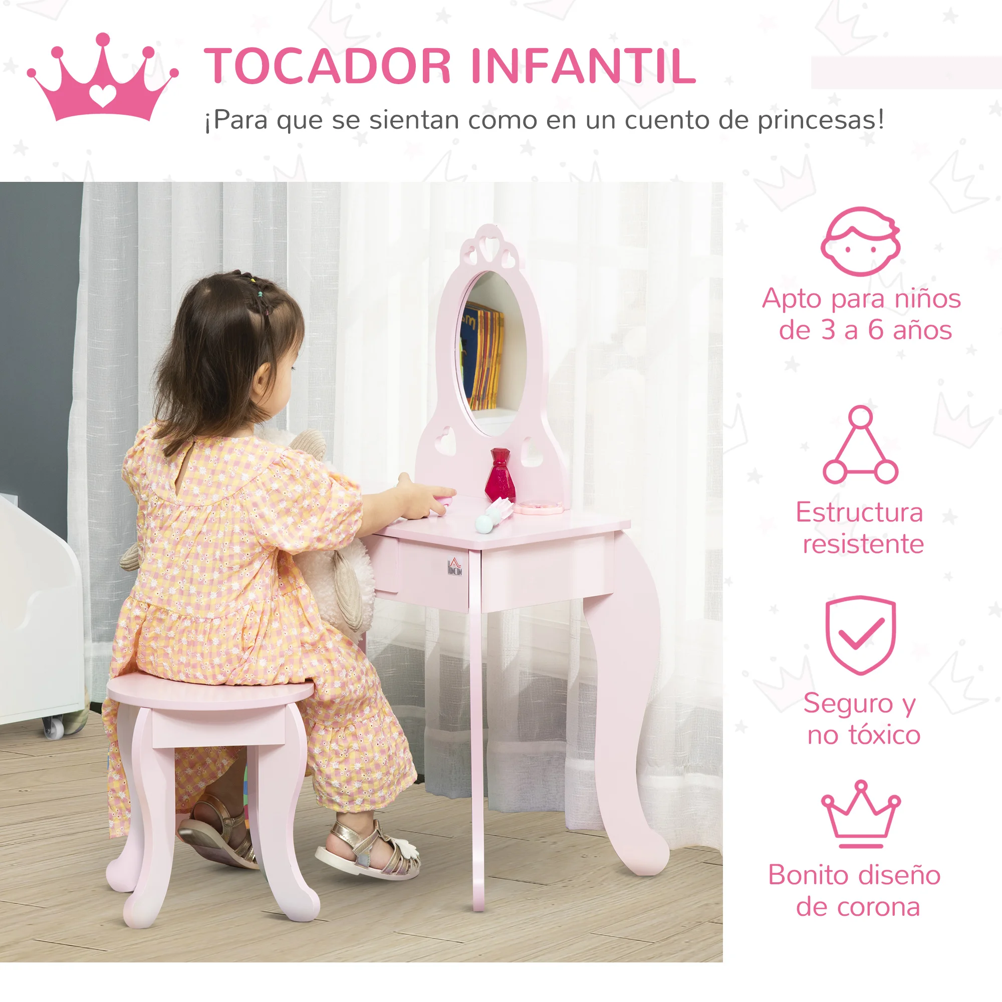 HOMCOM Tocador Infantil de Madera para Niñas de 3-6 Años con Taburete y Espejo Tipo Princesa Mesa de Maquillaje para Niñas con Cajón para Dormitorio 60x36x88 cm Rosa - imagen 4