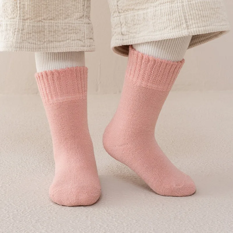 Calcetines térmicos hasta la rodilla de lana gruesa y cálida para invierno, calcetines de algodón suave para niños y niñas, calcetines térmicos simples de felpa de Color sólido para niños - imagen 3