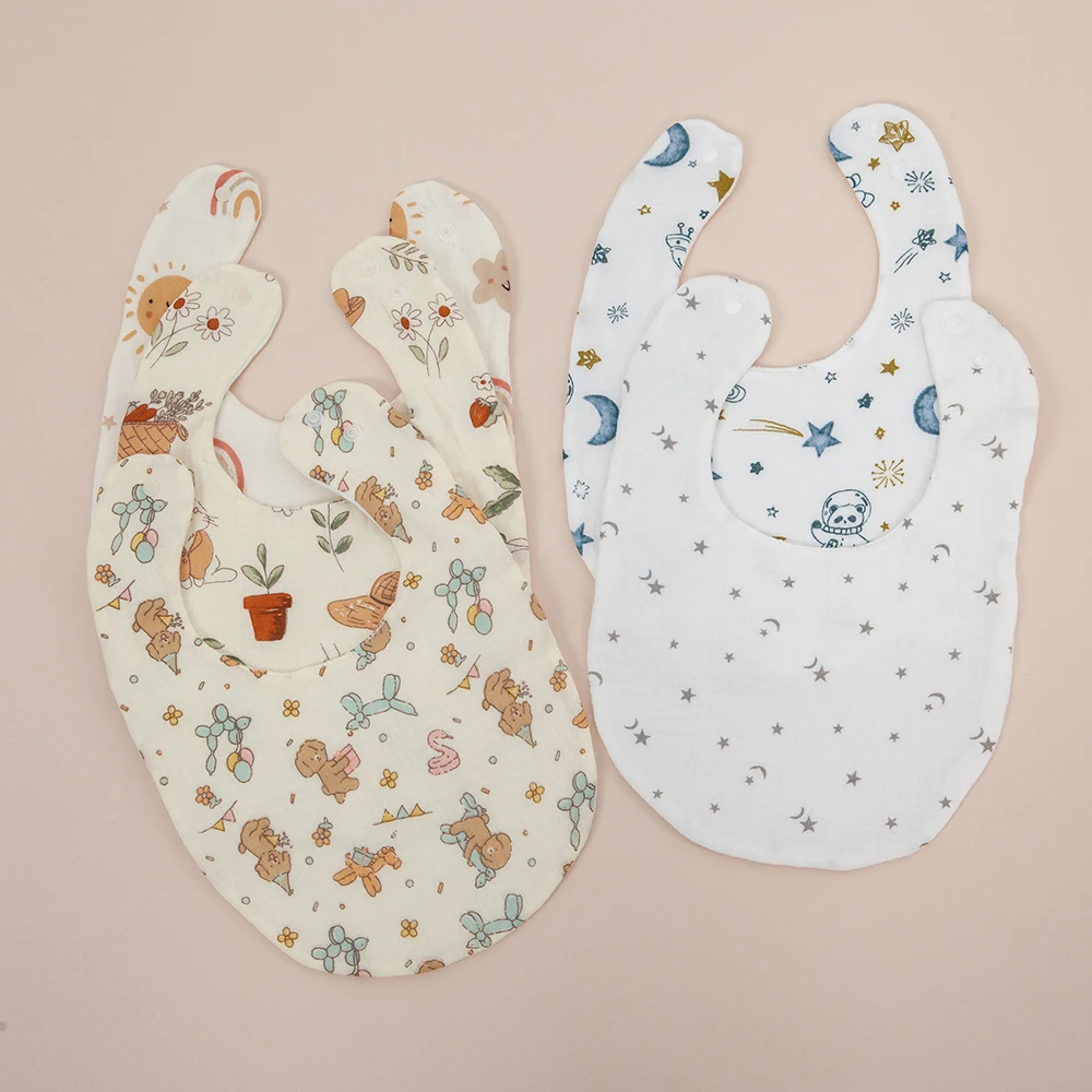 Baberos para bebé, toalla de Saliva reutilizable, buena absorción, gasa de algodón suave, estampado de dibujos animados, Baberos de alimentación de bebé ajustables - imagen 2