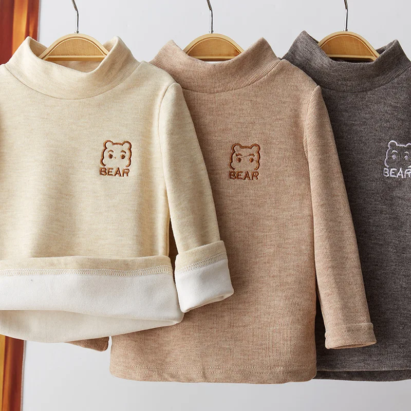 2025 nuevas camisetas interiores con forro polar para niños, camisetas cálidas con cuello simulado para niños y niñas, camisetas térmicas suaves de manga larga para niños pequeños