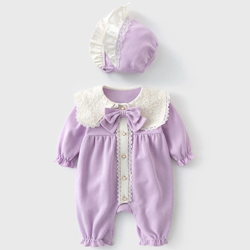 Primavera otoño bebé niña mameluco coreano lindo muñeca Collar arco algodón manga larga monos + sombrero artículos para recién nacidos ropa para niños pequeños BC757