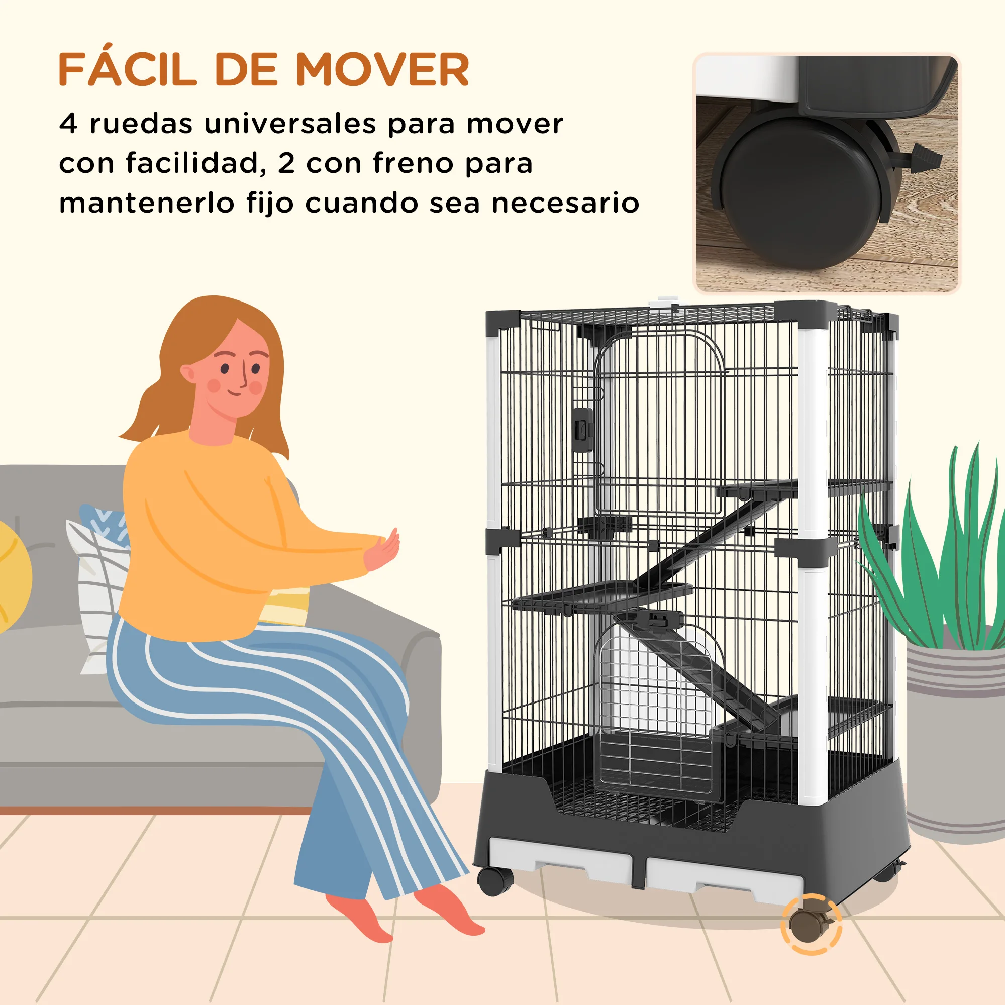 PawHut Jaula para Animales Pequeños con Ruedas 114x75x50 cm Valla para Mascotas con 3 Plataformas 3 Rampas Bandejas Extraíbles para Hurones Conejos Negro - imagen 5