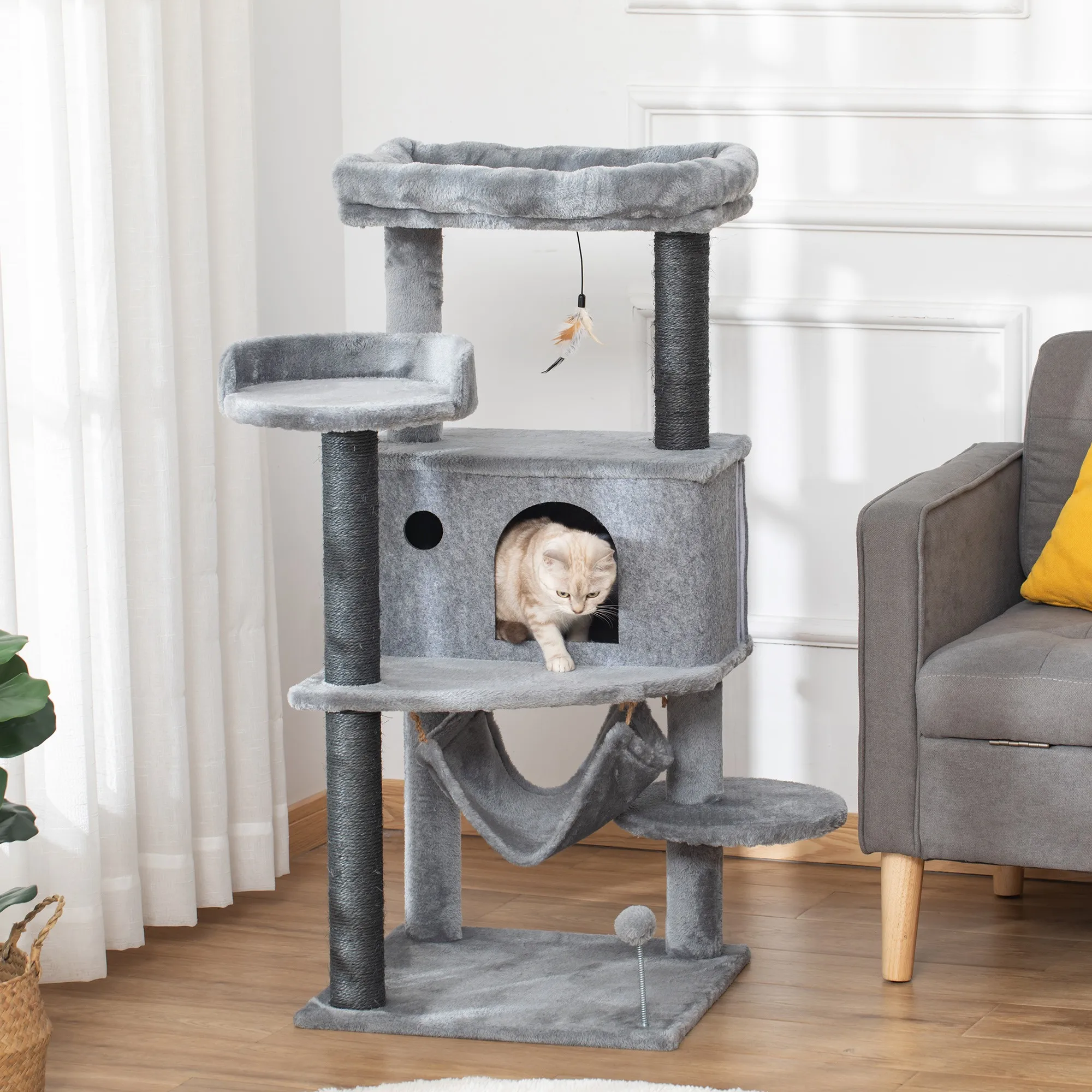 PawHut Árbol Rascador para Gatos 48x48x107 cm con Cueva de Fieltro Desmontable Hamaca Camas de Felpa Múltiples Plataformas Postes Rascadores de Sisal y Juguetes Gris - imagen 2