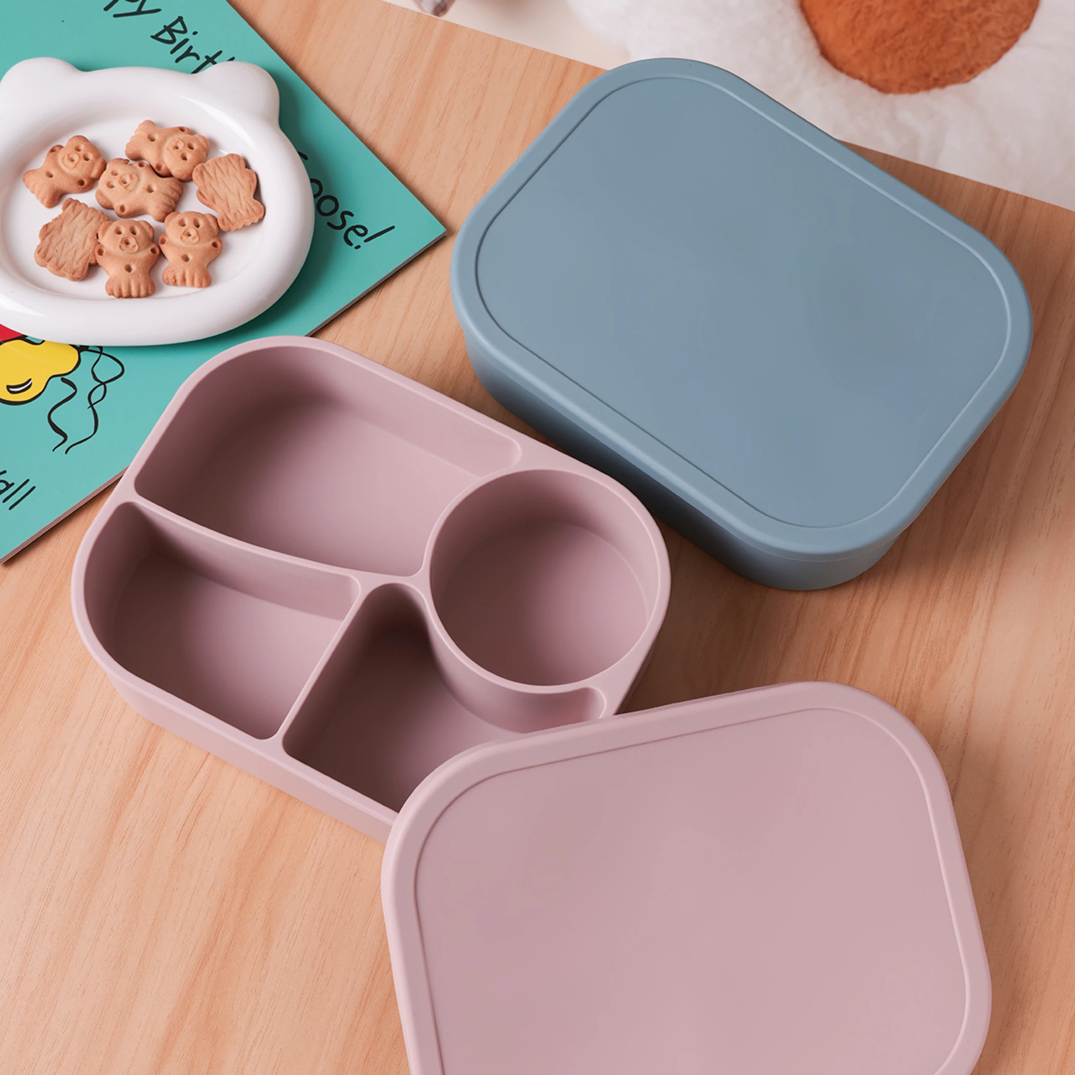 Fiambrera de silicona para niños, 1 Uds., 4 compartimentos, sin BPA, apto para microondas, apto para lavavajillas, elementos esenciales de alimentación Bento a prueba de fugas