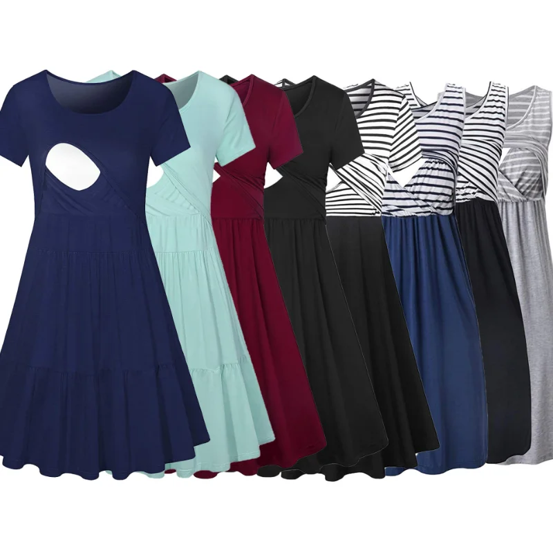 Vestido de maternidad a rayas: verano, suelto y sin mangas, cómodo