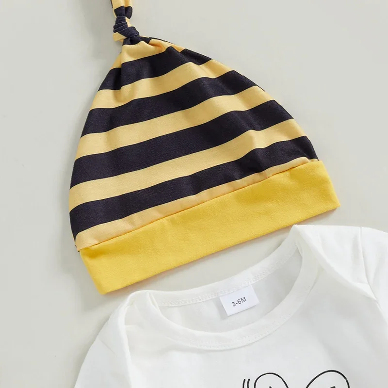 Ropa de otoño para bebé de 0 a 18 meses, peleles de manga larga con estampado de abeja/mariquita y pantalones elásticos, diadema con lazo, sombrero, conjunto de 4 piezas - imagen 5