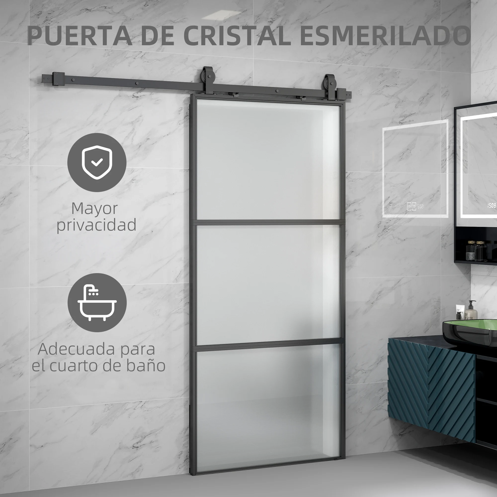 HOMCOM Puerta Corredera con Herrajes Puerta Corredera de Cristal con Mecanismo Cierre Suave para Baño Salón Sala de Estar Cocina 91,4x203,2 cm - imagen 3