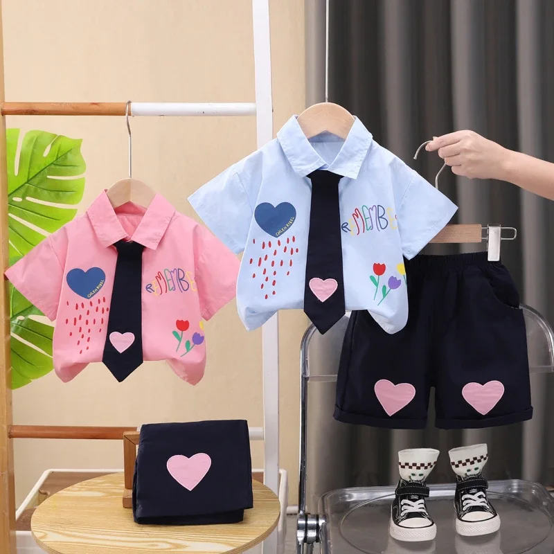 Nueva ropa de verano para bebés, traje para niños, camisa de manga corta, pantalones cortos, 2 unids/set, ropa para niñas, disfraz informal de algodón para niños pequeños - imagen 2