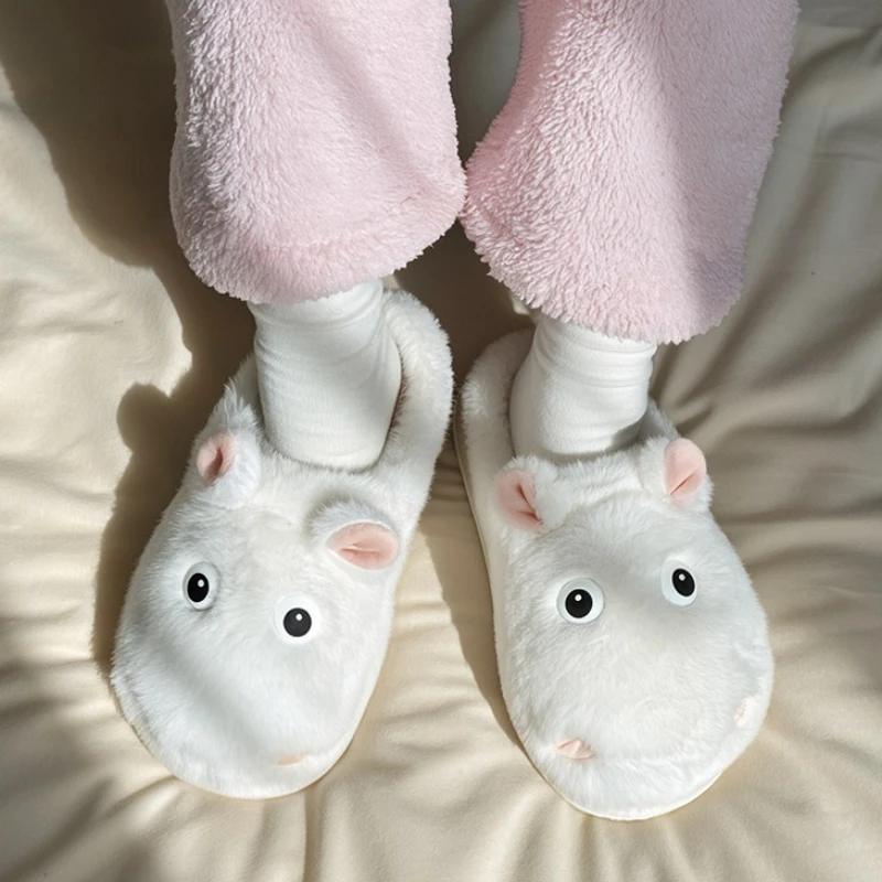 Zapatillas mullidas de interior para mujer, bonitos dibujos de hipopótamo, zapatos de casa para otoño e invierno, chanclas de algodón antideslizantes de felpa cálidas para el suelo del hogar - imagen 2