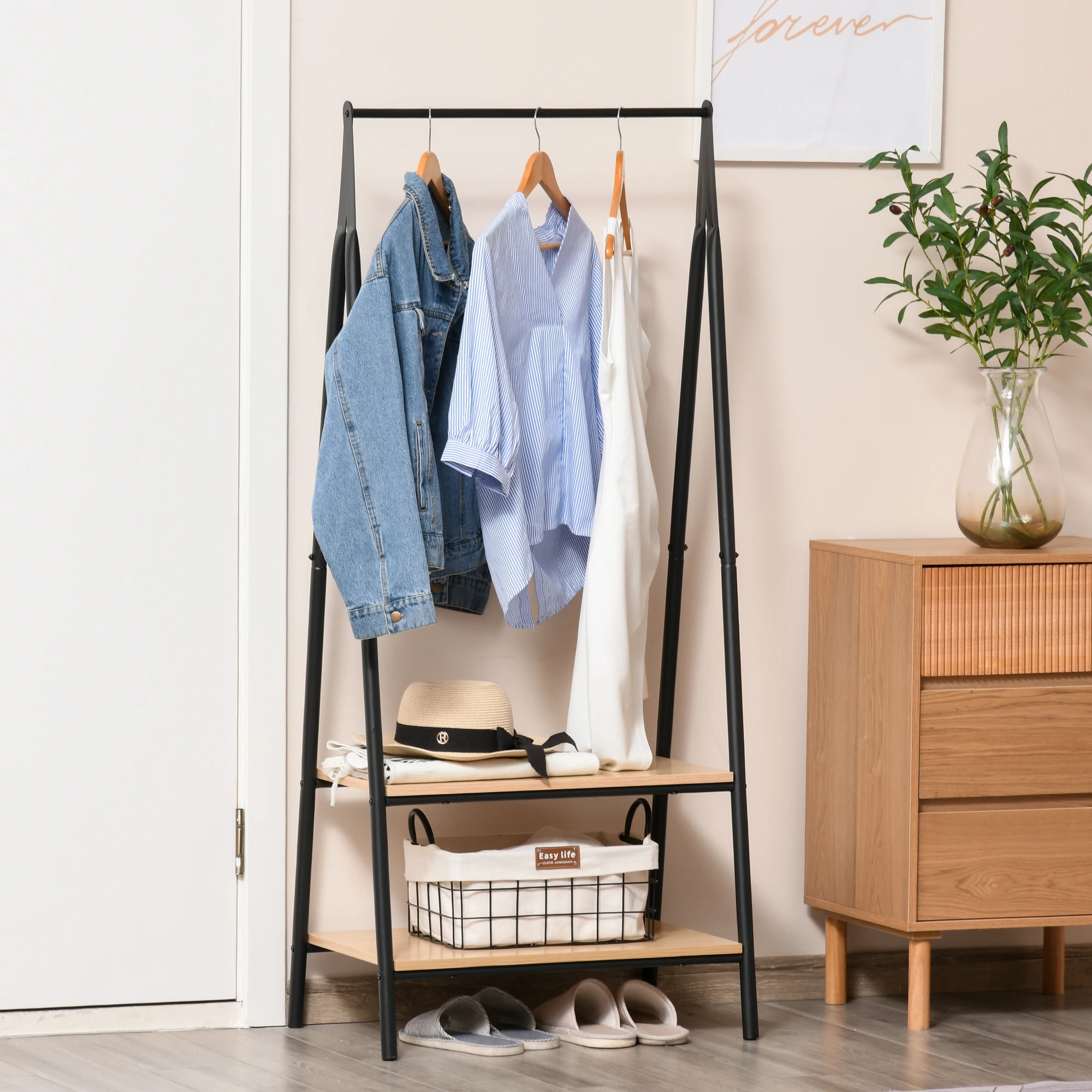 HOMCOM Perchero de Ropa Perchero de Pie con 2 Estantes de Almacenamiento Barra para Colgar y Marco de Acero para Entrada Pasillo Dormitorio 64x42,5x149 cm Negro - imagen 2