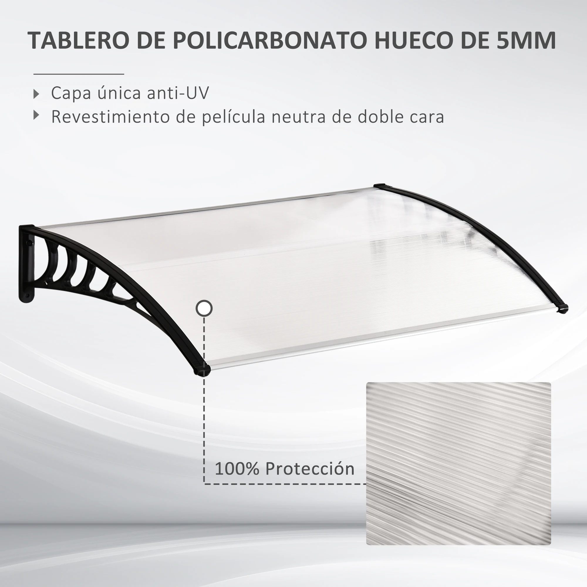 Outsunny Tejadillo de Protección para Puertas Ventanas contra Sol y Lluvia Marquesina de Techo Diseño Moderno Aleación de Aluminio Duradero 122x89x24 cm Transparente - imagen 4