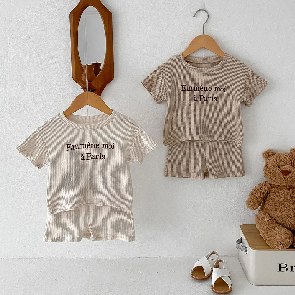 Milangel-Conjunto de ropa de verano para niños, traje de chándal con letras bordadas, camiseta y pantalones cortos, Sudadera con capucha de 2 piezas, 2024 - imagen 3