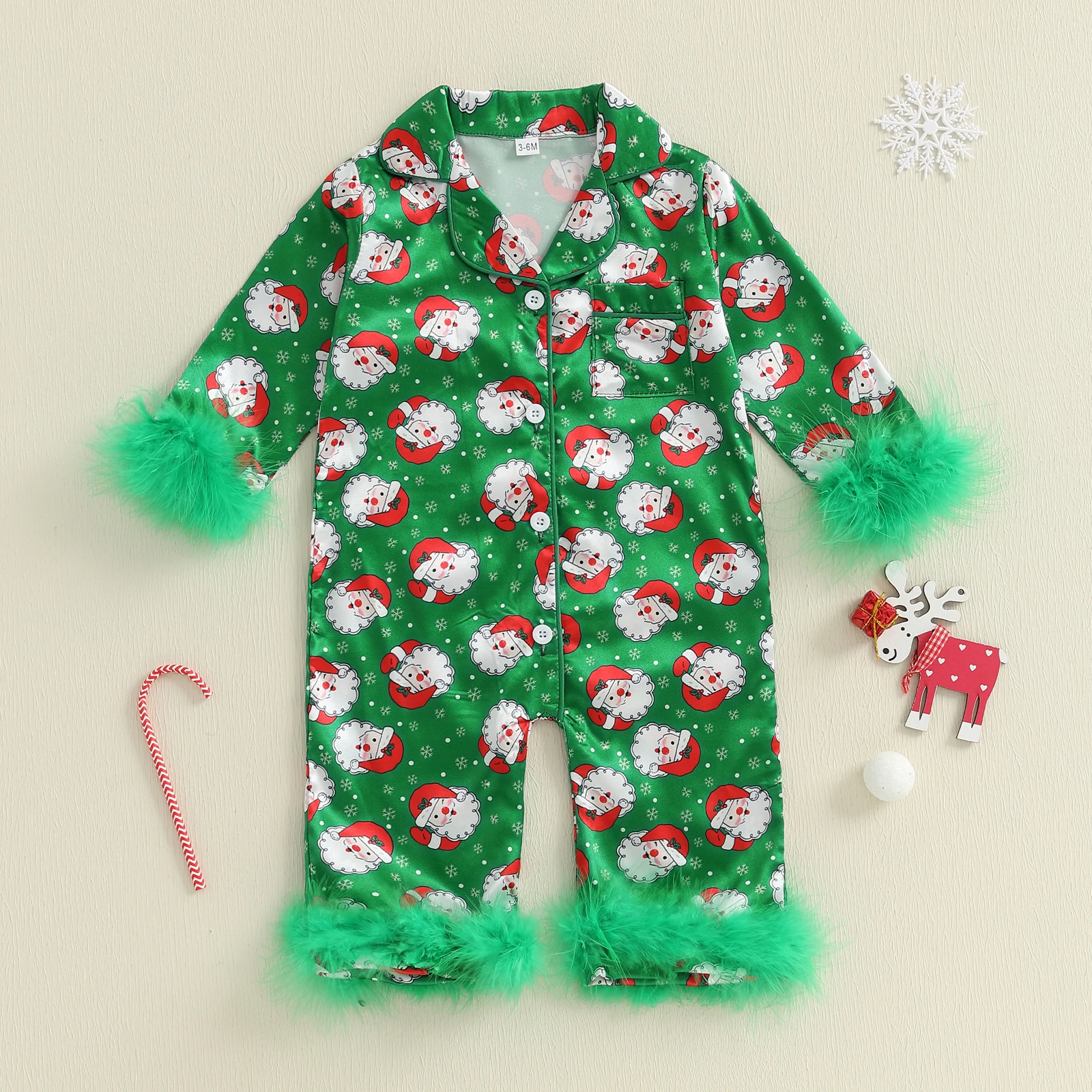 VISgogo Pijamas navideños para niña de 0 a 24 meses, solapa de manga larga, Papá Noel/punto/calcetines/monos con estampado de bastón de caramelo, pijama