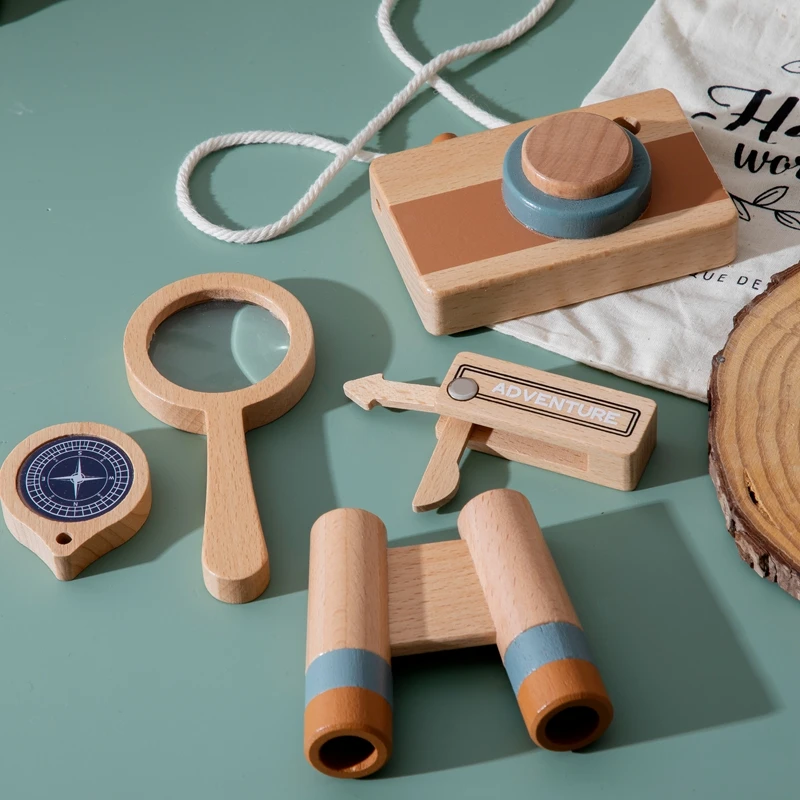 Kit de exploración al aire libre de madera para niños, juguete de cámara para regalo de cumpleaños, lupa Compas Montessori, regalo de bricolaje, 5 piezas por juego - imagen 2