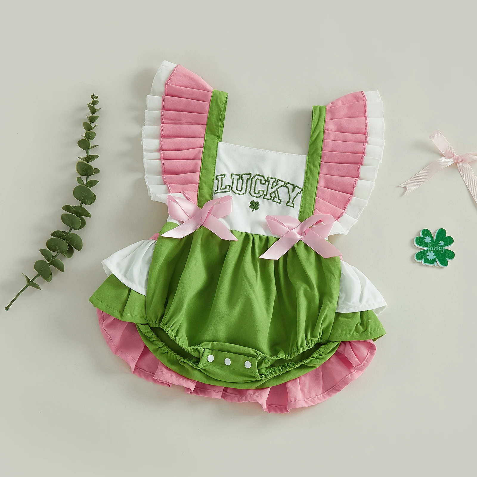 Mono irlandés bebé niña primavera verano con bordado de trébol - imagen 2