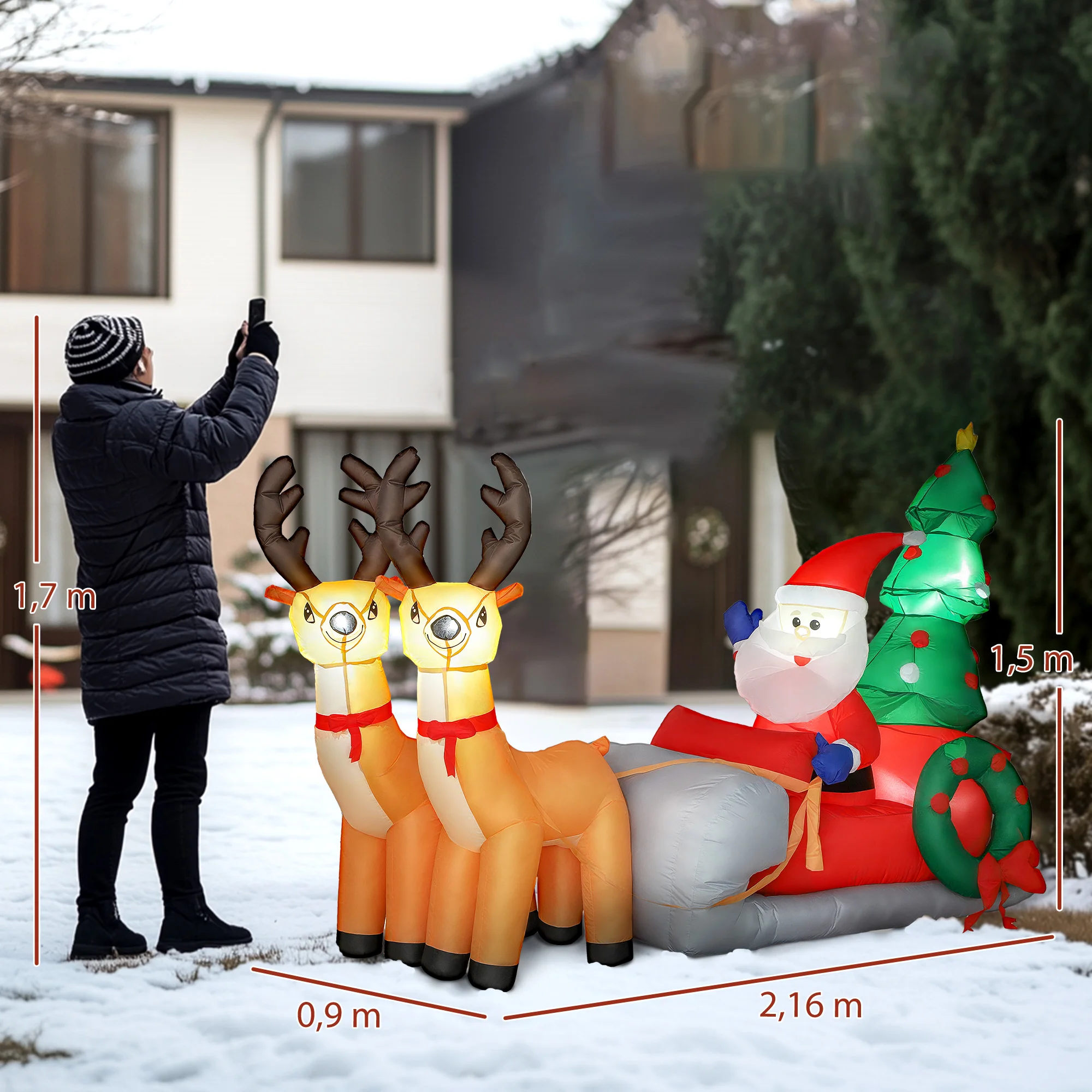 Outsunny Papá Noel Hinchable con Trineo, Renos y Árbol, Inflables de Navidad con Luces LED, Decoración de Navidad para Exterior e Interior, 216x90x150 cm - imagen 3