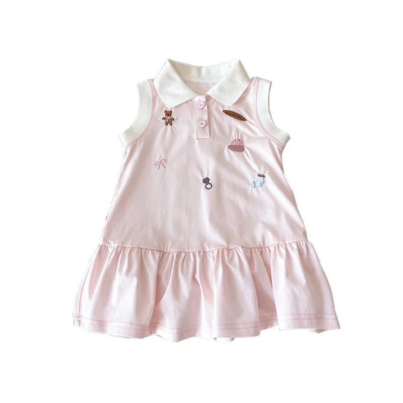 Vestido bordado de dibujos animados para niña, estilo Preppy con cuello, longitud media dulce, tela transpirable para trajes bonitos para niños pequeños, verano 2025 - imagen 5