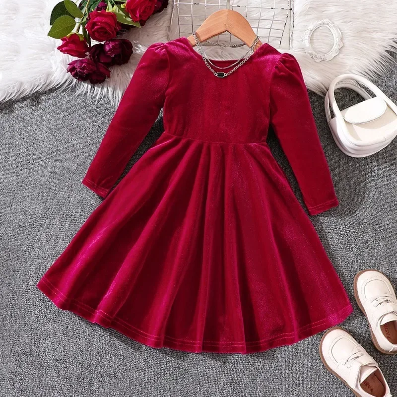 Vestidos de manga larga para niñas, traje de fiesta de terciopelo de princesa, ropa de boda roja, lazo de moda, Otoño e Invierno - imagen 2