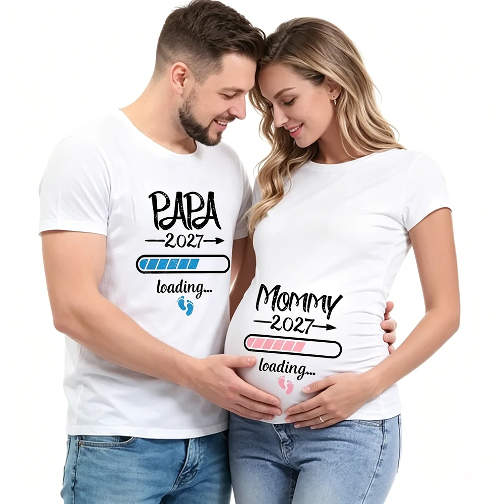 Camisetas pareja embarazo estampadas para anuncio papá, mamá y bebé - imagen 5