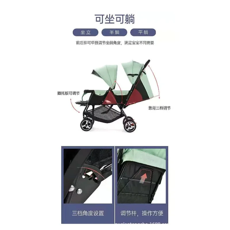 Cochecito de bebé, cochecito doble de cuatro ruedas para bebé, puede sentarse o acostarse - imagen 3