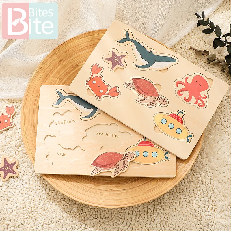 Rompecabezas Montessori para bebé, puzle de madera con diseño de plantas marinas, tablero educativo de cognición biológica, juguetes para niños