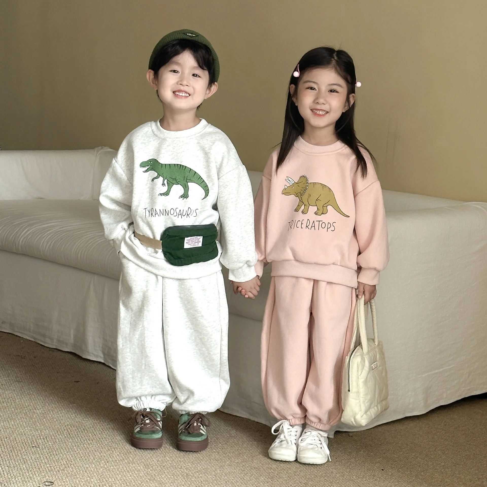 Nuevo conjunto de ropa de otoño para niños, traje deportivo para hermanos y hermanas, Sudadera con capucha y pantalones con estampado de dinosaurio, ropa para niños de 2 uds - imagen 4