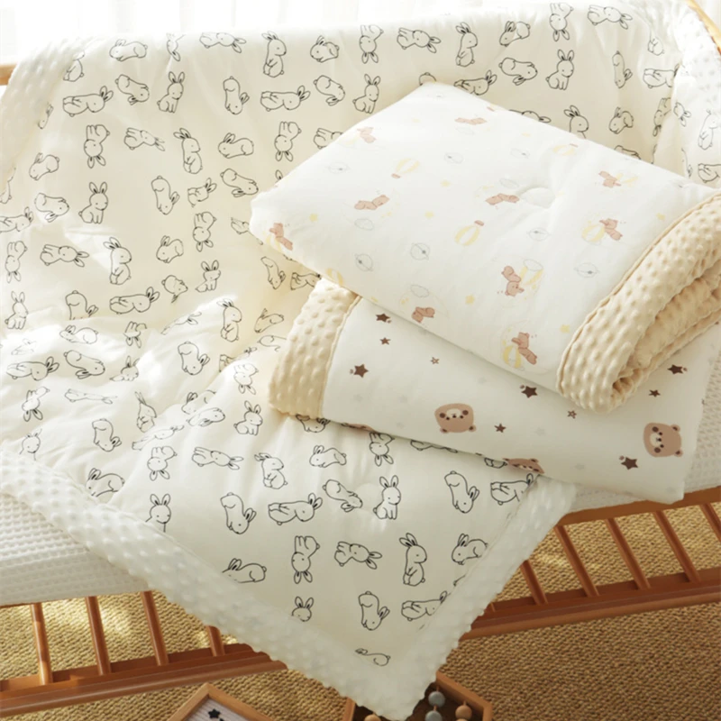 Edredón de algodón grueso para bebé, edredón térmico bordado con diseño de oso y conejo para recién nacido, manta suave para cuna infantil con relleno, invierno