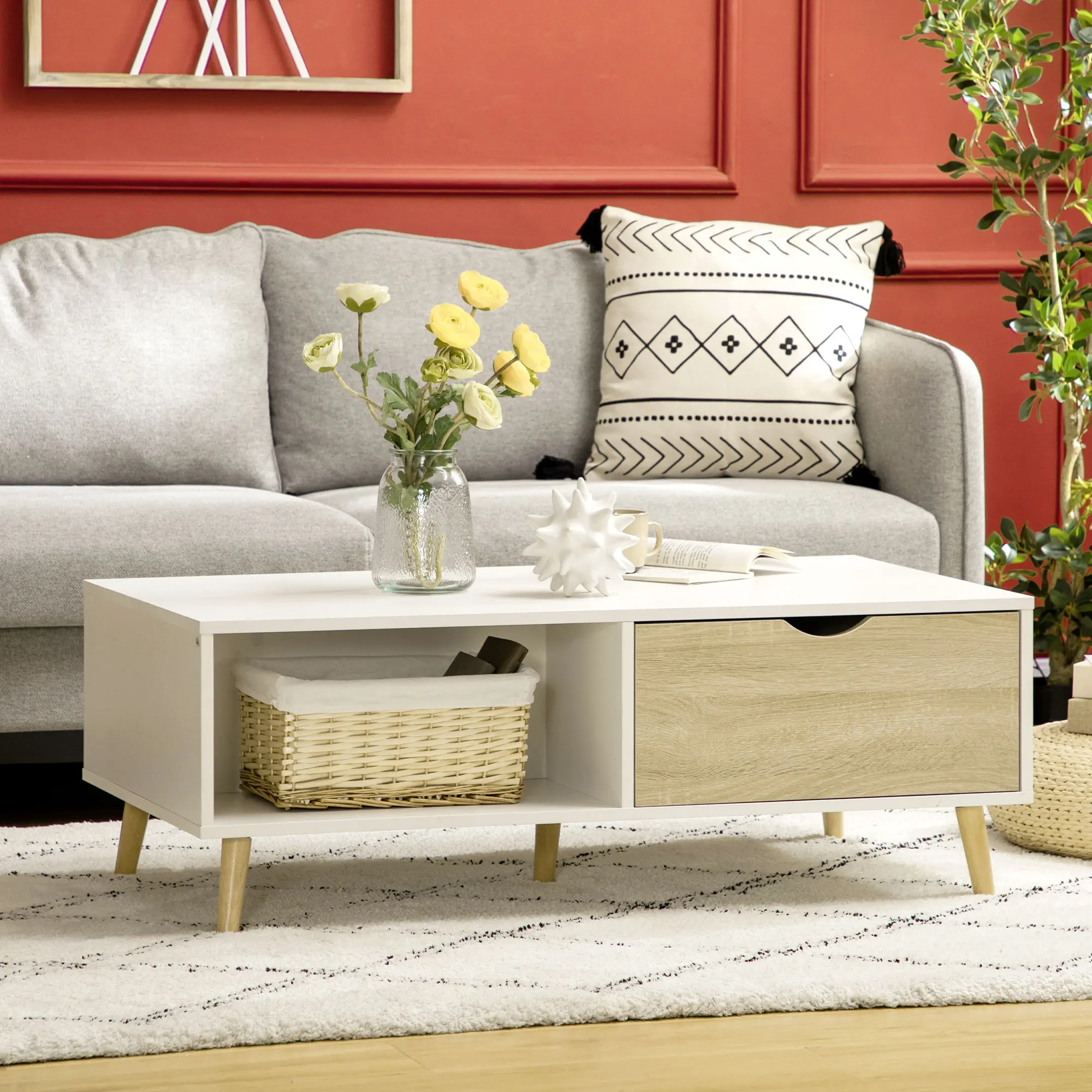 HOMCOM Mesa de Centro Mesa de Salón Moderna con 2 Cajones y Compartimientos Abiertos para Oficina Dormitorio Estudio 106x58x39,5 cm Blanco - imagen 2