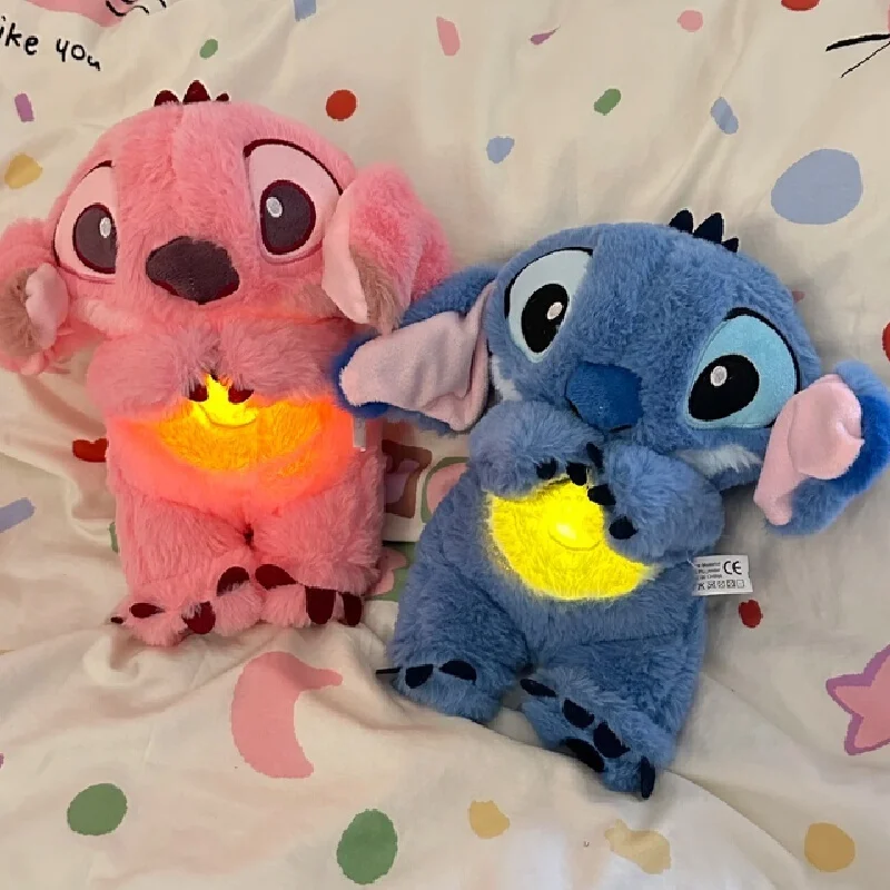 Muñeca de punto de Disney, luz de respiración, juguetes calmantes para niños, Ángel Rosa, lindo Anime, música para bebé, juguete para dormir ligero, regalos cálidos de cumpleaños para chico