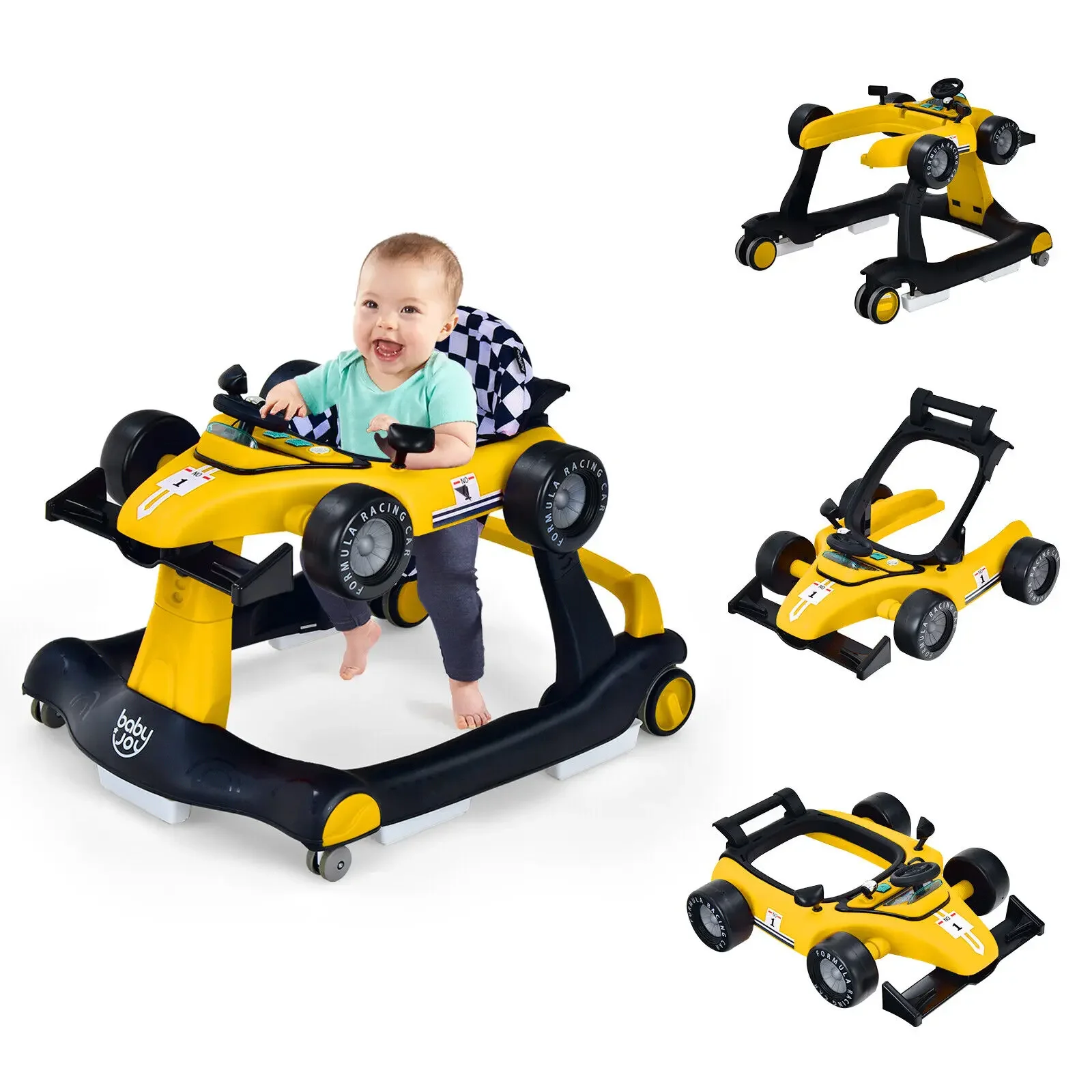 Andador de bebé 4 en 1 Andador de empuje de actividad Alturas ajustables 360 °   Andador de coche plegable ligero y musical con rueda giratoria para niños y niñas
