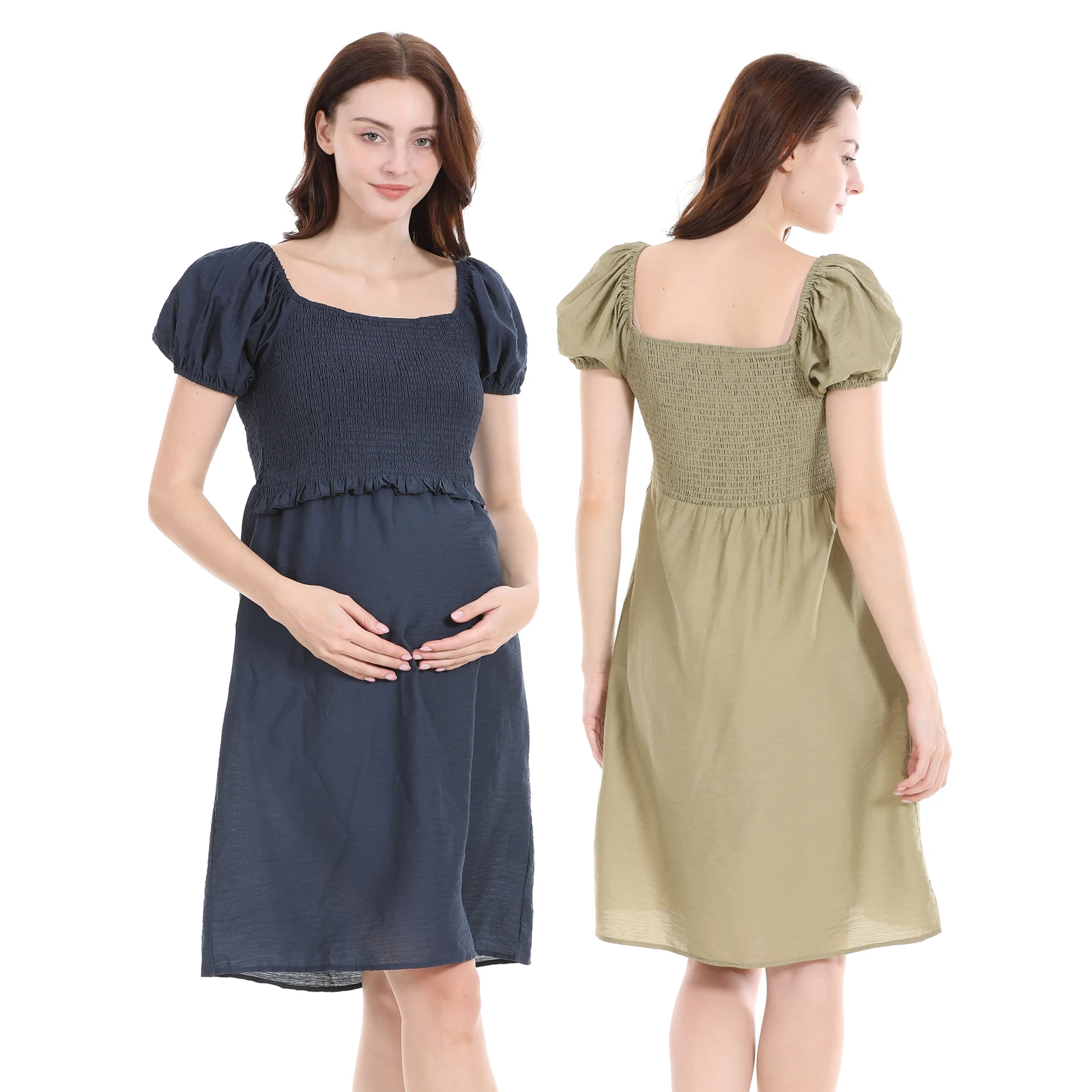 Ropa de maternidad de talla grande, vestido de lactancia con mangas abullonadas, cuello cuadrado, vestido de lactancia posparto, falda, vestidos de embarazo